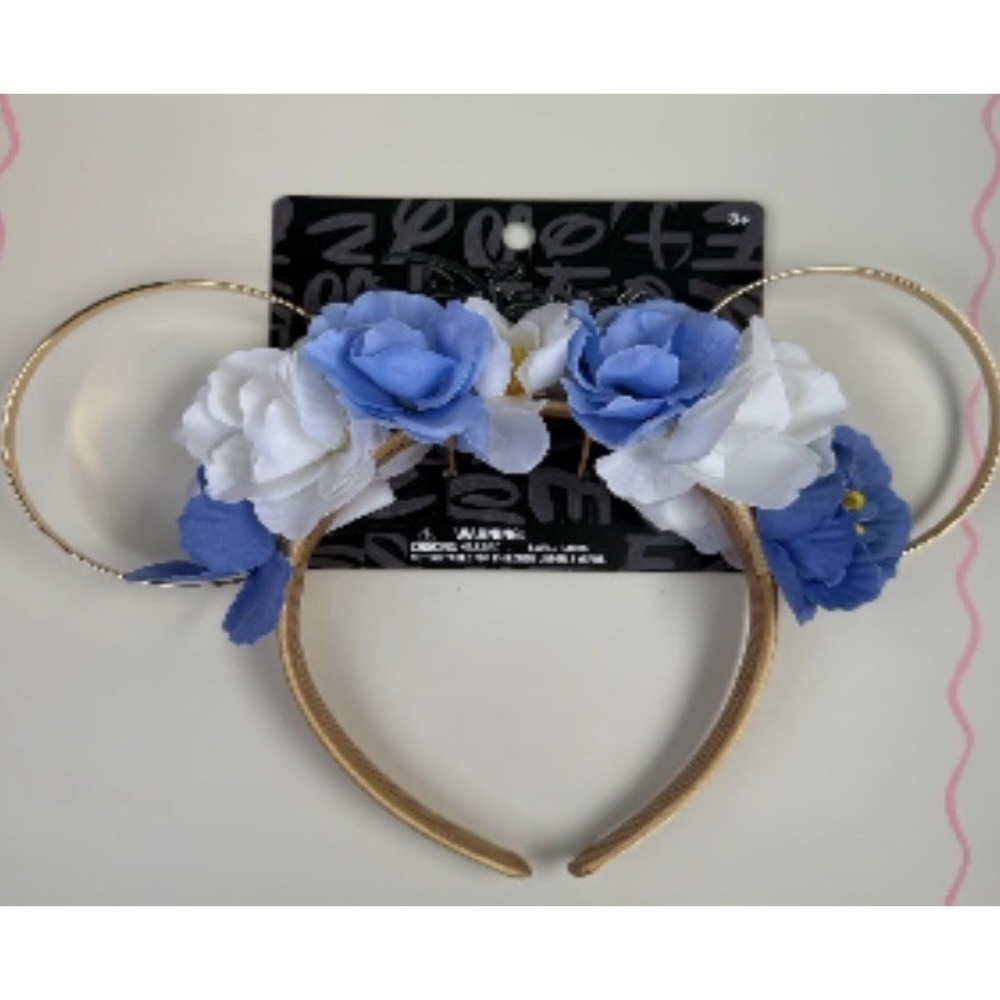 Disney Floral Mickey Mouse Ears Headband Blue White Gold Flower Accents Minnie